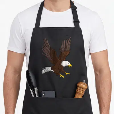 Tablier de cuisine noir avec illustration d'aigle chauve aux ailes déployées, tête blanche et serres jaunes.