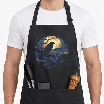 Tablier de cuisine noir avec illustration circulaire d'un corbeau sur un arbre devant une pleine lune orange.