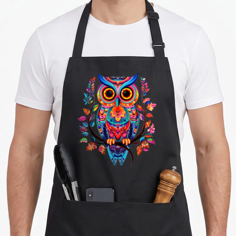 Tablier de cuisine noir avec hibou coloré illustration abstraite chouette posé sur une branche florale.