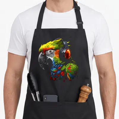 Tablier de cuisine noir avec illustration d'un perroquet aux couleurs vives portant un casque audio orange et gris.