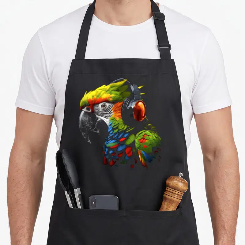Tablier de cuisine noir avec illustration d'un perroquet aux couleurs vives portant un casque audio orange et gris.