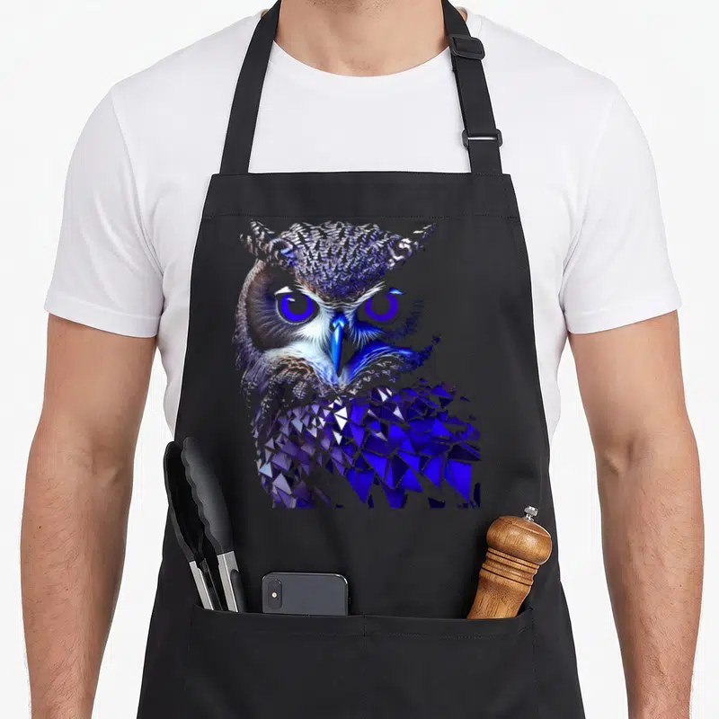 Tablier de cuisine noir avec un hibou aux yeux violets et des plumes en facettes géométriques bleues et blanches.