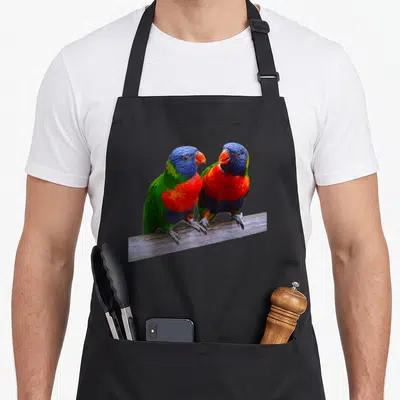 Tablier de cuisine noir avec deux loriquets arc-en-ciel perchés côte à côte sur une branche de bois texturée.