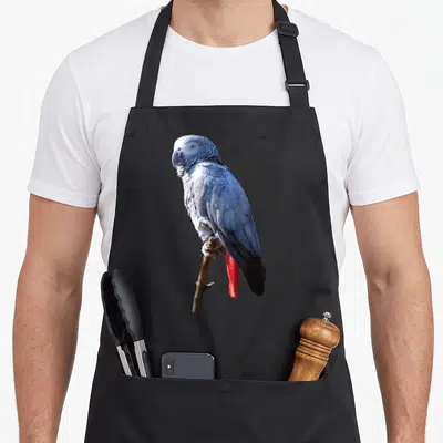 Tablier de cuisine noir avec un perroquet gris du Gabon aux plumes grises et une queue rouge vif perché sur une branche.