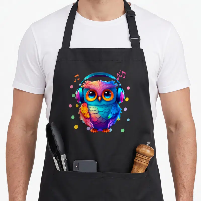 Tablier de cuisine noir avec un hibou arc-en-ciel portant des écouteurs et des notes de musique flottantes autour.