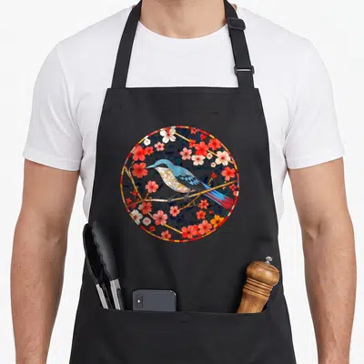 Tablier de cuisine noir avec un oiseau bleu géométrique entouré de fleurs de cerisier roses et rouges dans un cercle décoratif.