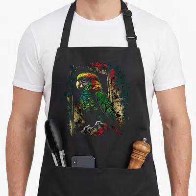 Tablier de cuisine noir avec illustration d'un perroquet aux couleurs vives et fond architectural texturé.