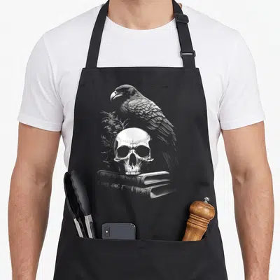 Tablier de cuisine noir avec illustration gravure d'un corbeau, d'un crâne humain et de vieux livres ouverts.