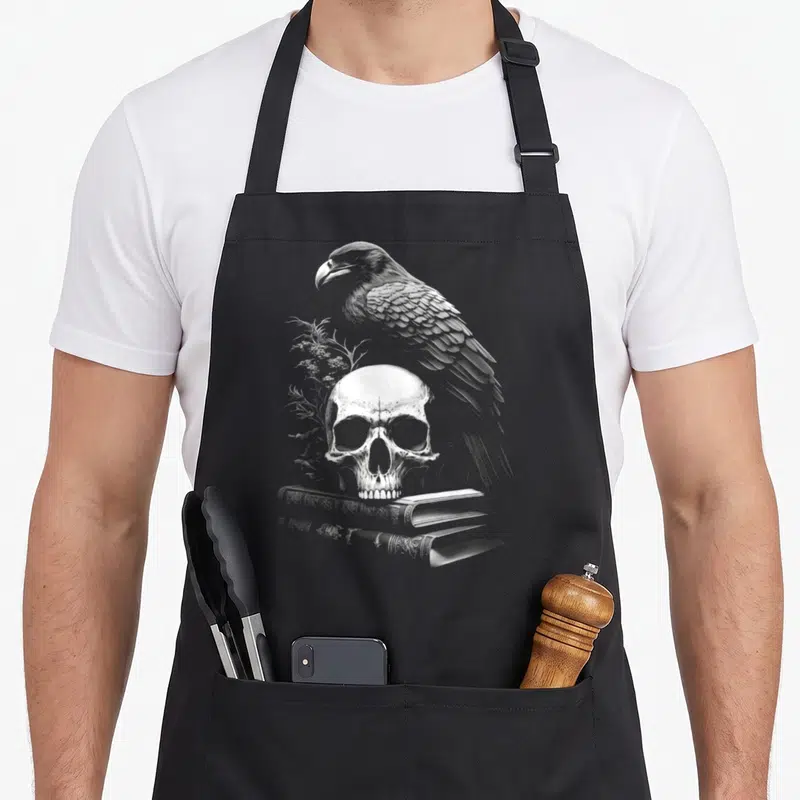 Tablier de cuisine noir avec illustration gravure d'un corbeau, d'un crâne humain et de vieux livres ouverts.