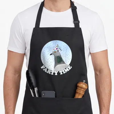 Tablier de cuisine noir avec un pigeon voyageur portant un chapeau de fête et l'inscription party time.