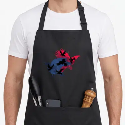 Tablier de cuisine noir avec illustration artistique d'une corneille effrayant oiseau animal corbeau aux couleurs vives.