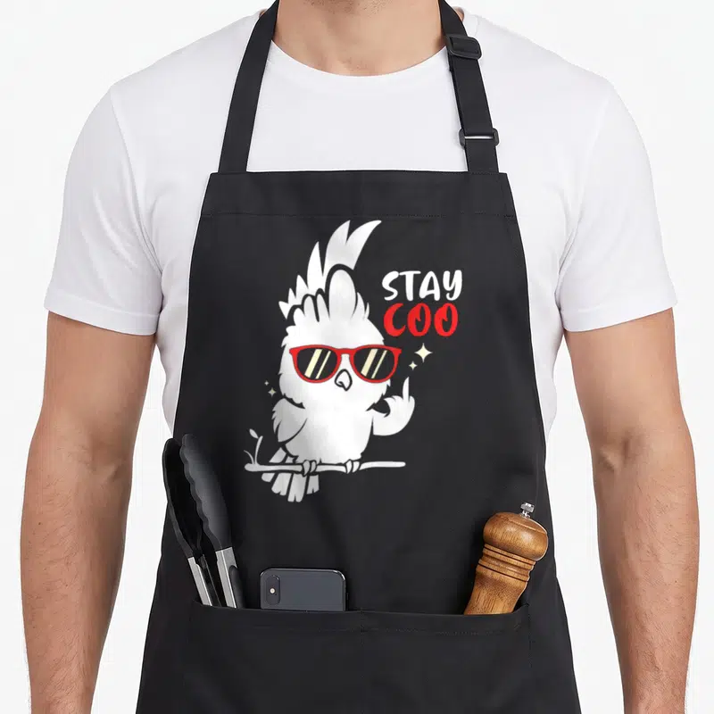 Tablier de cuisine noir avec illustration d'un cacatoès blanc portant des lunettes de soleil rouges et le texte Stay Coo.