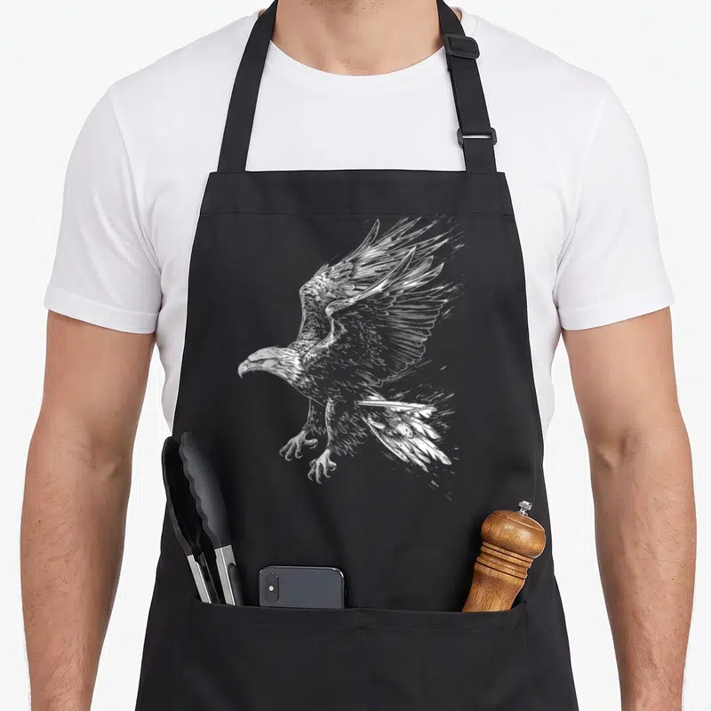 Tablier de cuisine noir avec illustration blanche d'aigle aux ailes déployées en style dessin animal art graphique détaillé.
