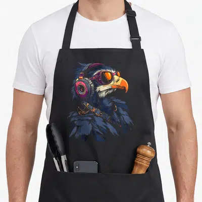 Tablier de cuisine noir avec illustration d'un vautour aux plumes bleues coiffé d'un casque audio rose et de lunettes de soleil oranges.