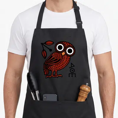 Tablier de cuisine noir avec chouette athénienne rouge et noire tenant une branche à côté des lettres AOE.