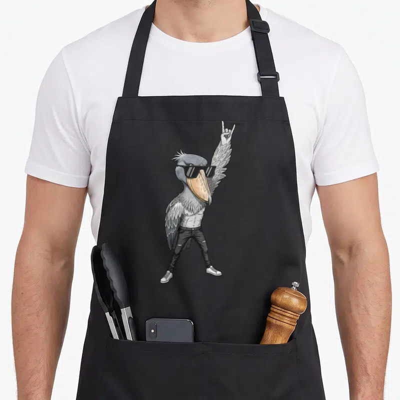 Tablier de cuisine noir avec une cigogne rocker biker en tenue de cuir et lunettes noires.
