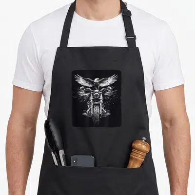 Tablier de cuisine noir avec un aigle aux ailes déployées sur une moto face au regard.
