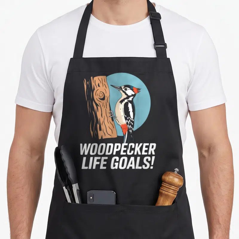 Tablier de cuisine noir avec illustration de pic épeiche et texte blanc Woodpecker Life Goals sur fond circulaire bleu.