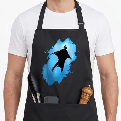Tablier de cuisine noir avec silhouette wingsuit bleue et texte Voler comme un oiseau Wingsuit cadeau de liberté