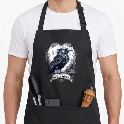 Tablier de cuisine noir avec illustration d'un corbeau gothique encadré de feuillage et de lanternes.