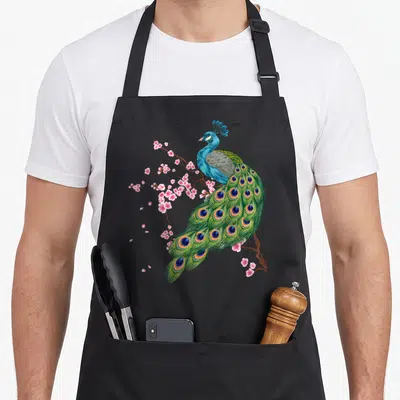 Tablier de cuisine noir avec un paon coloré perché sur une branche de fleurs roses et des pétales tombants.