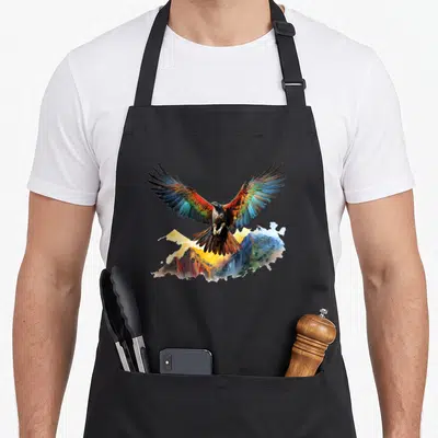 Tablier de cuisine noir avec un aigle aux ailes déployées sur un fond de montagnes colorées en style peinture abstraite.