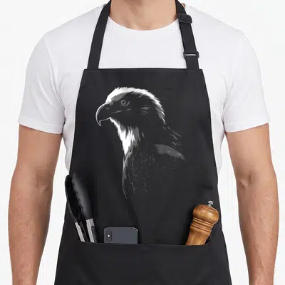 Tablier de cuisine noir avec illustration blanche stylisée de la tête et du cou d'un aigle de profil.