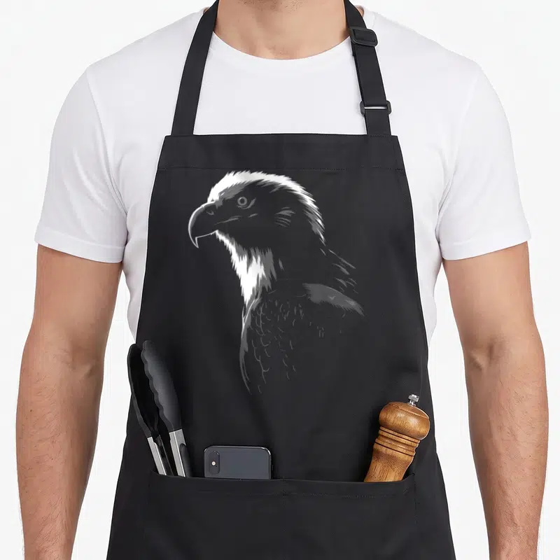 Tablier de cuisine noir avec illustration blanche stylisée de la tête et du cou d'un aigle de profil.