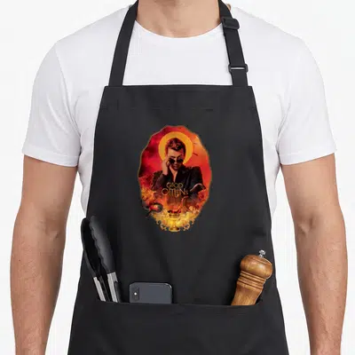 Tablier de cuisine noir avec illustration d'un homme en costume, halo doré, serpent et calice sur fond rouge vif.