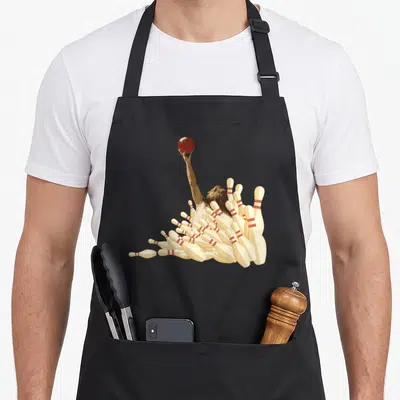 Tablier de cuisine noir avec illustration d'un homme tenant une boule rouge au-dessus de nombreuses quilles de bowling dispersées.