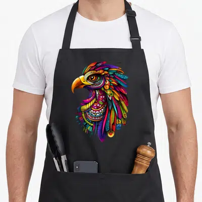 Tablier de cuisine noir avec tête d'aigle aztèque aux plumes multicolores et motifs tribaux complexes.