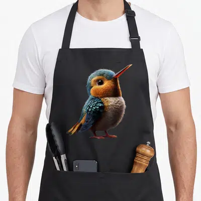 Tablier de cuisine noir avec un colibri aux plumes bleues et oranges, regardant vers le haut