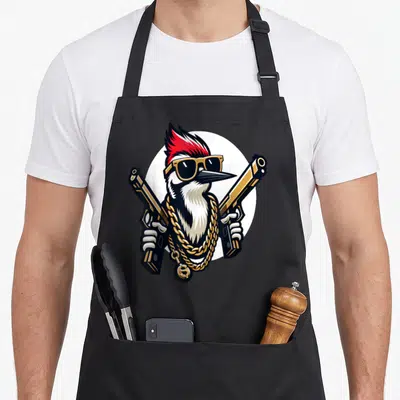 Tablier de cuisine noir avec illustration d'un woodpecker armé portant des lunettes et une chaîne dorée.