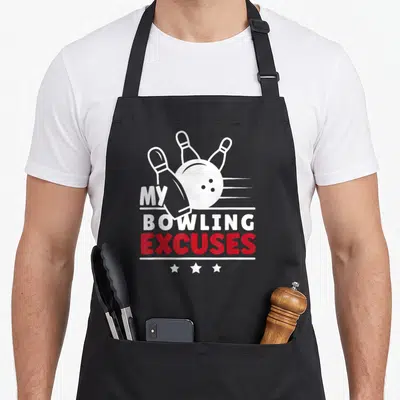 Tablier de cuisine noir avec illustration bowling blanche et texte My Bowling Excuses en rouge et blanc.