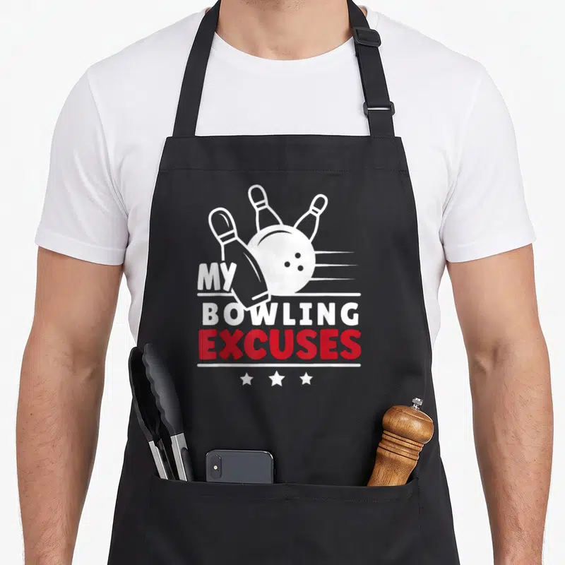 Tablier de cuisine noir avec illustration bowling blanche et texte My Bowling Excuses en rouge et blanc.