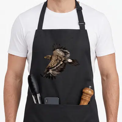 Tablier de cuisine noir avec un aigle aux ailes déployées et des plumes détaillées en vol.
