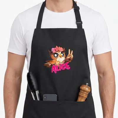 Tablier de cuisine noir avec une chouette mignonne aux fleurs roses et le prénom Alice en typographie ludique.