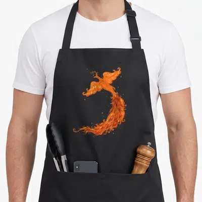 Tablier de cuisine noir avec un « Beautiful Phoenix » aux flammes levantes et cendres dorées.