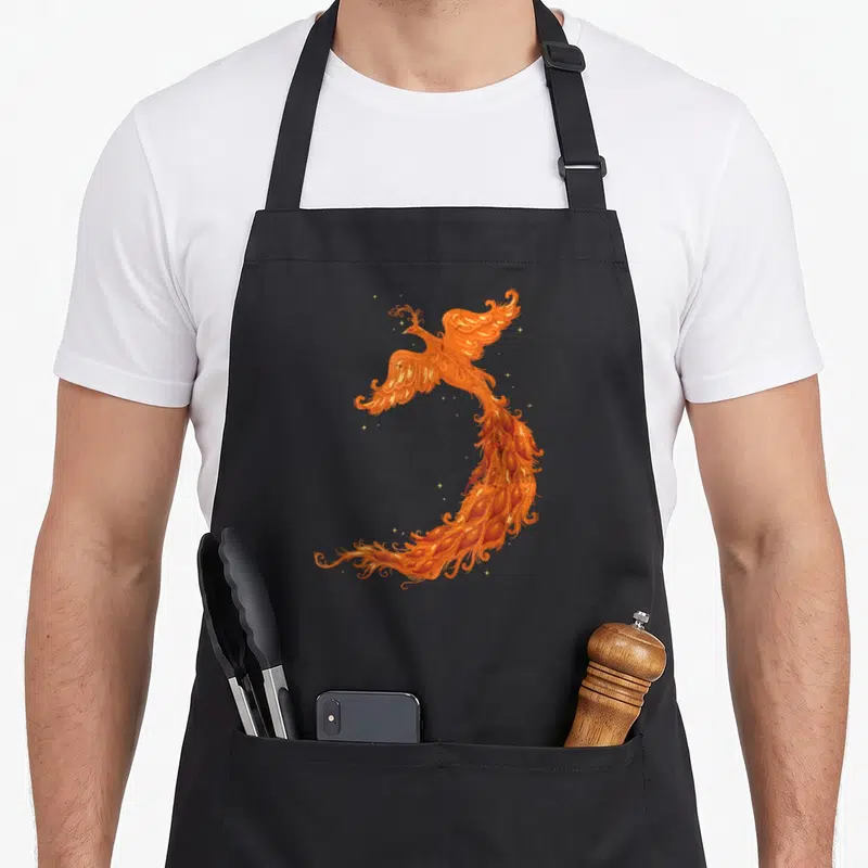 Tablier de cuisine noir avec un « Beautiful Phoenix » aux flammes levantes et cendres dorées.