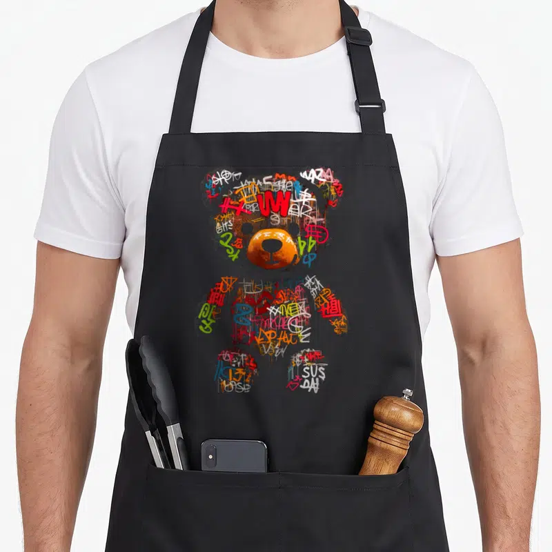 Tablier de cuisine noir avec ours graffiti multicolore et nez orange vif au centre.