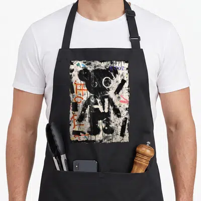 Tablier de cuisine noir avec illustration d'un ours noir en style graffiti Y2K aux couleurs vives et texture déstructurée.