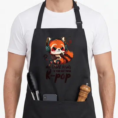 Tablier de cuisine noir avec un renard roux mignon portant des écouteurs et le texte My heart beats to the rhythm K-pop.