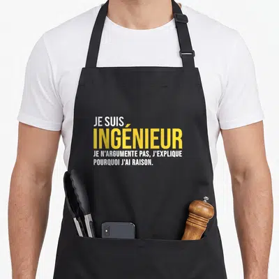Tablier de cuisine noir avec inscription jaune et blanche Je suis ingénieur je n'argumente pas j'explique pourquoi j'ai raison.