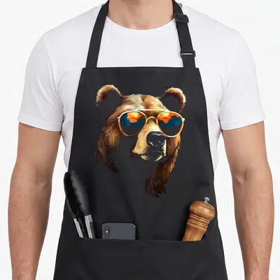 Tablier de cuisine noir avec tête d'ours portant des lunettes de soleil orange et bleues.