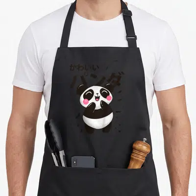 Tablier de cuisine noir avec illustration d'un panda kawaii aux joues roses et lettres japonaises en arrière-plan.