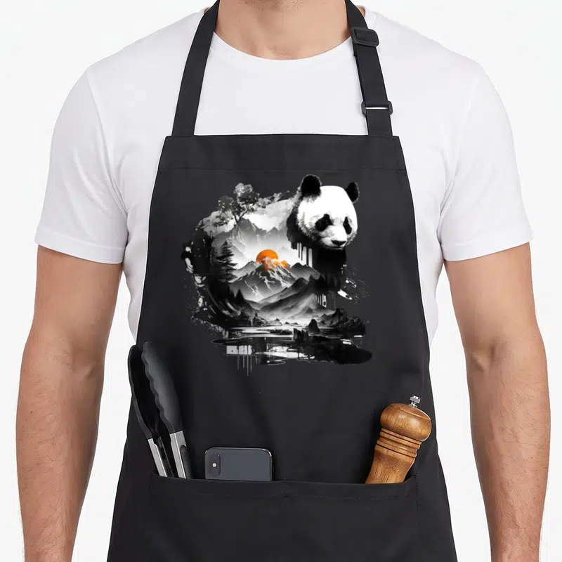 Tablier de cuisine noir avec illustration artistique d'un panda intégré à un paysage de montagnes et un soleil orange.