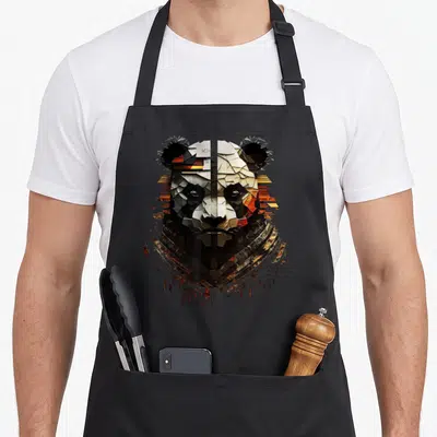 Tablier de cuisine noir avec un visage de panda stylisé en art géométrique aux couleurs noires, blanches et orangées.