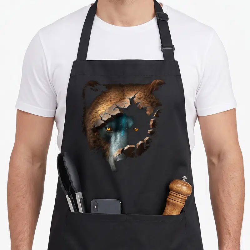 Tablier de cuisine noir avec illustration d'ours aux yeux dorés et texture rocheuse éclatée