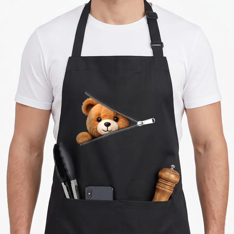 Tablier de cuisine noir avec un ours mignon qui sort d'une fermeture éclair ouverte.