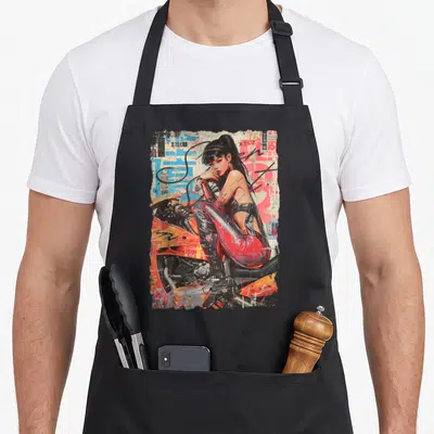 Tablier de cuisine noir avec une pin-up en latex rouge posant sur une moto de course orange style graffiti.